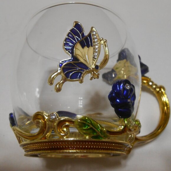BEAUTIFUL GLASS ARC OF FRANCE DECORATIVE BUTTERFLY CUP MUG BLUE ROSE CLEAR STONE - Picture 5 of 9
